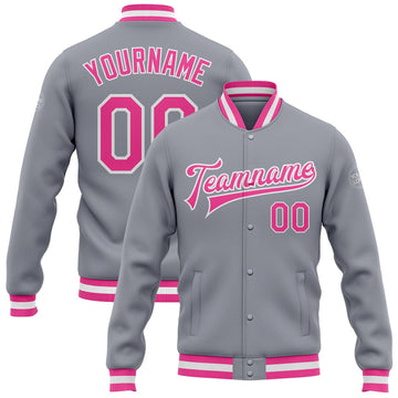 FUNSTUFFPRINT Custom Gray Pink-White Bomber Full-Snap Varsity Letterman Jacket 3D Baseball Jacket