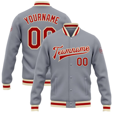 FUNSTUFFPRINT Custom Gray Red-Cream Bomber Full-Snap Varsity Letterman Jacket 3D Baseball Jacket