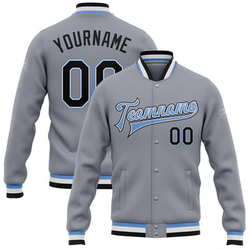 FUNSTUFFPRINT Custom Gray Black-Light Blue Bomber Full-Snap Varsity Letterman Jacket 3D Baseball Jacket