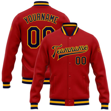 FUNSTUFFPRINT Custom Red Navy-Gold Bomber Full-Snap Varsity Letterman Jacket 3D Baseball Jacket