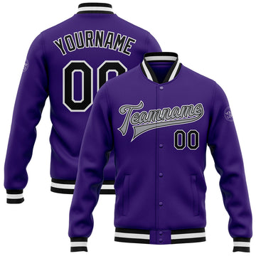 FUNSTUFFPRINT Custom Purple Black-Gray Bomber Full-Snap Varsity Letterman Jacket 3D Baseball Jacket