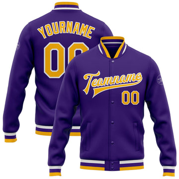 FUNSTUFFPRINT Custom Purple Gold-White Bomber Full-Snap Varsity Letterman Jacket 3D Baseball Jacket