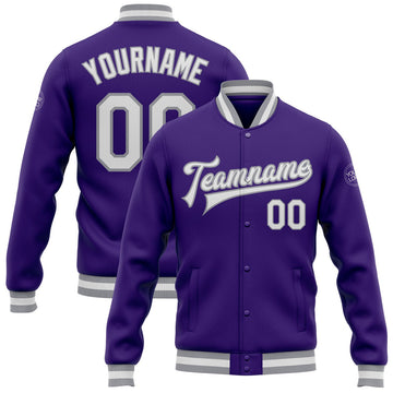 FUNSTUFFPRINT Custom Purple White-Gray Bomber Full-Snap Varsity Letterman Jacket 3D Baseball Jacket