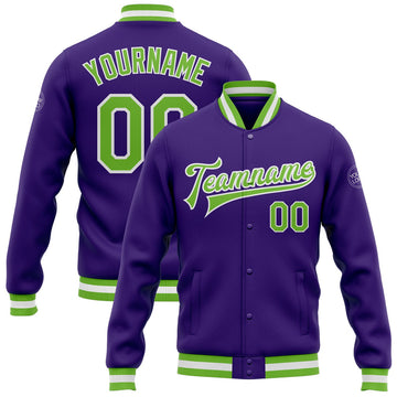 FUNSTUFFPRINT Custom Purple Neon Green-White Bomber Full-Snap Varsity Letterman Jacket 3D Baseball Jacket