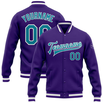 FUNSTUFFPRINT Custom Purple Teal-White Bomber Full-Snap Varsity Letterman Jacket 3D Baseball Jacket