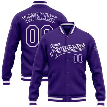 FUNSTUFFPRINT Custom Purple Purple-White Bomber Full-Snap Varsity Letterman Jacket 3D Baseball Jacket