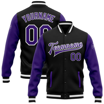 FUNSTUFFPRINT Custom Black Purple-White Bomber Full-Snap Varsity Letterman Two Tone Jacket 3D Baseball Jacket