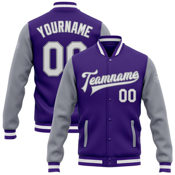 FUNSTUFFPRINT Custom Purple White-Gray Bomber Full-Snap Varsity Letterman Two Tone Jacket 3D Baseball Jacket