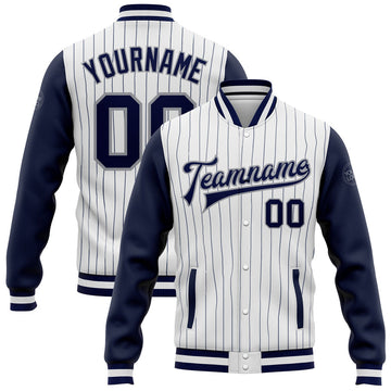 FUNSTUFFPRINT Custom White Navy Pinstripe Navy-Gray Bomber Full-Snap Varsity Letterman Two Tone Jacket 3D Baseball Jacket