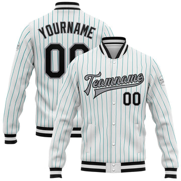FUNSTUFFPRINT Custom White Aqua Pinstripe Black-Gray Bomber Full-Snap Varsity Letterman Jacket 3D Baseball Jacket