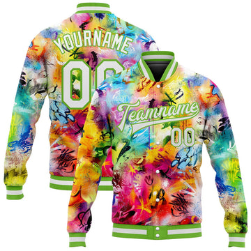 FUNSTUFFPRINT Custom Graffiti Pattern White-Neon Green Scratch 3D Bomber Full-Snap Varsity Letterman Jacket 3D Baseball Jacket