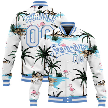 FUNSTUFFPRINT Custom White White-Light Blue Hawaii Palm Trees And Flamingo 3D Bomber Full-Snap Varsity Letterman Jacket 3D Baseball Jacket