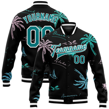 FUNSTUFFPRINT Custom Black Teal-White Hawaii Palm Trees 3D Bomber Full-Snap Varsity Letterman Jacket 3D Baseball Jacket