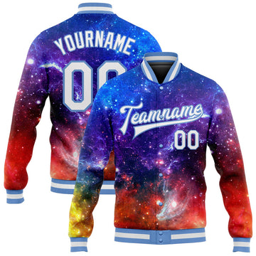 FUNSTUFFPRINT Custom Galactic White-Light Blue 3D Bomber Full-Snap Varsity Letterman Jacket 3D Baseball Jacket