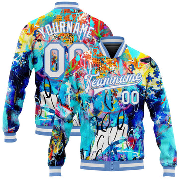 FUNSTUFFPRINT Custom Graffiti Pattern White-Light Blue Abstract 3D Bomber Full-Snap Varsity Letterman Jacket 3D Baseball Jacket