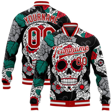 FUNSTUFFPRINT Custom Black Red-White Skull Fashion 3D Bomber Full-Snap Varsity Letterman Jacket 3D Baseball Jacket