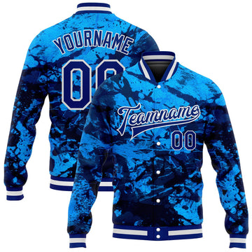 FUNSTUFFPRINT Custom Tie Dye Royal-White Rainbow 3D Bomber Full-Snap Varsity Letterman Jacket 3D Baseball Jacket