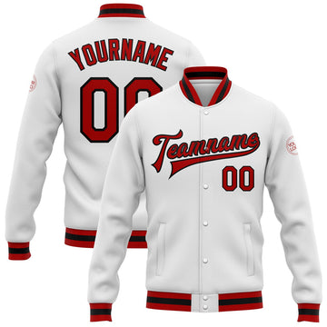 FUNSTUFFPRINT Custom White Red-Black Bomber Full-Snap Varsity Letterman Jacket 3D Baseball Jacket