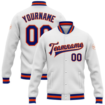 FUNSTUFFPRINT Custom White Royal-Orange Bomber Full-Snap Varsity Letterman Jacket 3D Baseball Jacket