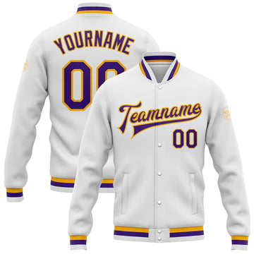 FUNSTUFFPRINT Custom White Purple-Gold Bomber Full-Snap Varsity Letterman Jacket 3D Baseball Jacket
