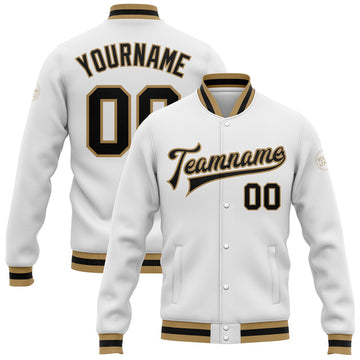 FUNSTUFFPRINT Custom White Black-Old Gold Bomber Full-Snap Varsity Letterman Jacket 3D Baseball Jacket