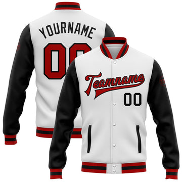 FUNSTUFFPRINT Custom White Red-Black Bomber Full-Snap Varsity Letterman Two Tone Jacket 3D Baseball Jacket
