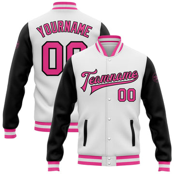 FUNSTUFFPRINT Custom White Pink-Black Bomber Full-Snap Varsity Letterman Two Tone Jacket 3D Baseball Jacket