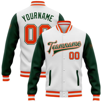 FUNSTUFFPRINT Custom White Orange-Green Bomber Full-Snap Varsity Letterman Two Tone Jacket 3D Baseball Jacket