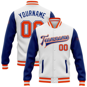 FUNSTUFFPRINT Custom White Orange-Royal Bomber Full-Snap Varsity Letterman Two Tone Jacket 3D Baseball Jacket