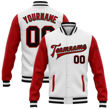 FUNSTUFFPRINT Custom White Black-Red Bomber Full-Snap Varsity Letterman Two Tone Jacket 3D Baseball Jacket