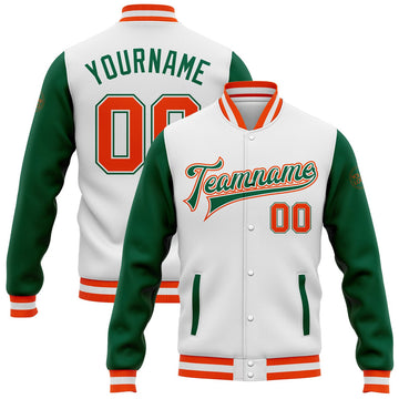 FUNSTUFFPRINT Custom White Orange-Kelly Green Bomber Full-Snap Varsity Letterman Two Tone Jacket 3D Baseball Jacket