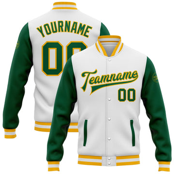 FUNSTUFFPRINT Custom White Kelly Green-Gold Bomber Full-Snap Varsity Letterman Two Tone Jacket 3D Baseball Jacket