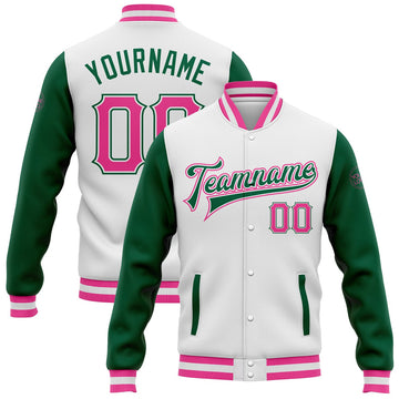 FUNSTUFFPRINT Custom White Pink-Kelly Green Bomber Full-Snap Varsity Letterman Two Tone Jacket 3D Baseball Jacket