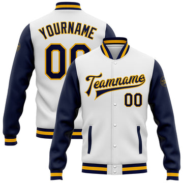 FUNSTUFFPRINT Custom White Navy-Gold Bomber Full-Snap Varsity Letterman Two Tone Jacket 3D Baseball Jacket