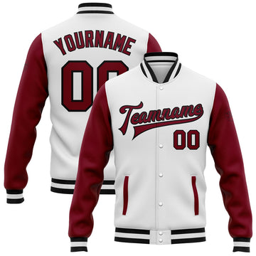 FUNSTUFFPRINT Custom White Crimson-Black Bomber Full-Snap Varsity Letterman Two Tone Jacket 3D Baseball Jacket