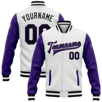 FUNSTUFFPRINT Custom White Black-Purple Bomber Full-Snap Varsity Letterman Two Tone Jacket 3D Baseball Jacket