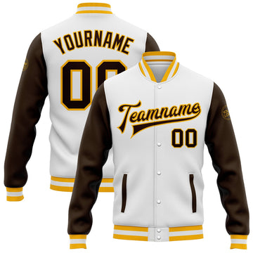 FUNSTUFFPRINT Custom White Brown-Gold Bomber Full-Snap Varsity Letterman Two Tone Jacket 3D Baseball Jacket