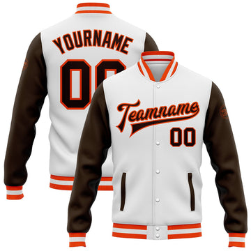 FUNSTUFFPRINT Custom White Brown-Orange Bomber Full-Snap Varsity Letterman Two Tone Jacket 3D Baseball Jacket