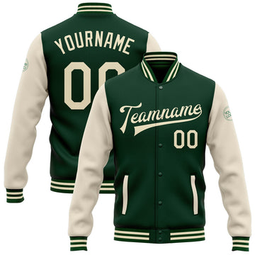 FUNSTUFFPRINT Custom Green Cream Bomber Full-Snap Varsity Letterman Two Tone Jacket 3D Baseball Jacket