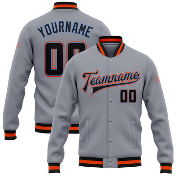 FUNSTUFFPRINT Custom Gray Black Powder Blue-Orange Bomber Full-Snap Varsity Letterman Jacket 3D Baseball Jacket