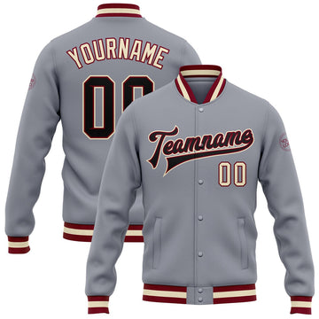 FUNSTUFFPRINT Custom Gray Black Maroon-Cream Bomber Full-Snap Varsity Letterman Jacket 3D Baseball Jacket