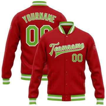 FUNSTUFFPRINT Custom Red Neon Green-White Bomber Full-Snap Varsity Letterman Jacket 3D Baseball Jacket