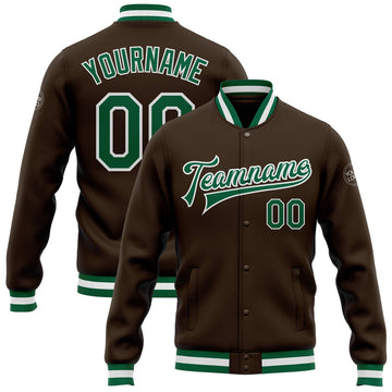 FUNSTUFFPRINT Custom Brown Kelly Green-White Bomber Full-Snap Varsity Letterman Jacket 3D Baseball Jacket