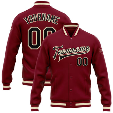 FUNSTUFFPRINT Custom Crimson Black Cream-Maroon Bomber Full-Snap Varsity Letterman Jacket 3D Baseball Jacket