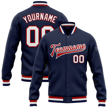 FUNSTUFFPRINT Custom Navy White-Red Bomber Full-Snap Varsity Letterman Jacket 3D Baseball Jacket