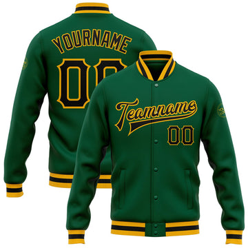FUNSTUFFPRINT Custom Kelly Green Black-Gold Bomber Full-Snap Varsity Letterman Jacket 3D Baseball Jacket