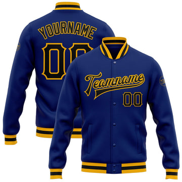 FUNSTUFFPRINT Custom Royal Black-Gold Bomber Full-Snap Varsity Letterman Jacket 3D Baseball Jacket