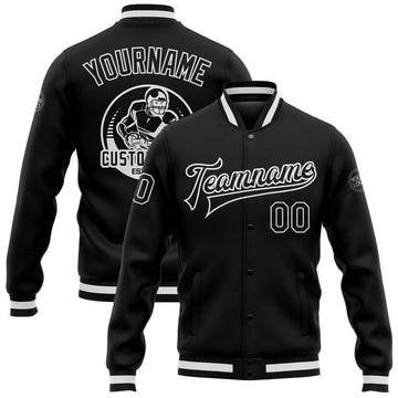 FUNSTUFFPRINT Custom Black Black-White Bomber Full-Snap Varsity Letterman Jacket 3D Baseball Jacket