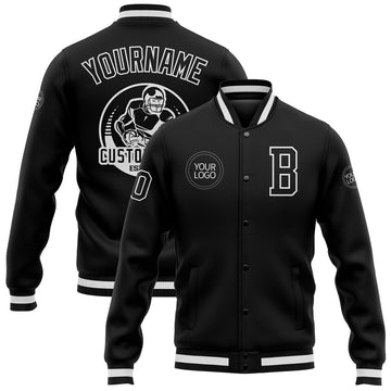 FUNSTUFFPRINT Custom Black Black-White Bomber Full-Snap Varsity Letterman 3D Baseball Jacket
