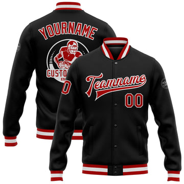 FUNSTUFFPRINT Custom Black Red-White Bomber Full-Snap Varsity Letterman Jacket 3D Baseball Jacket